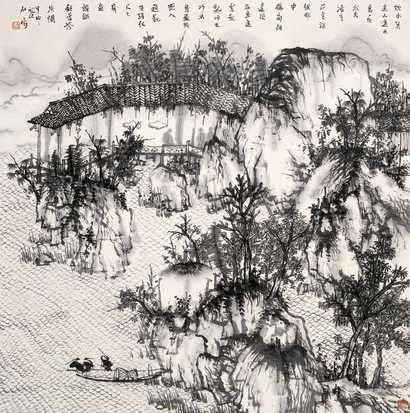 何加林 2004年作 临江秋渔图 画心